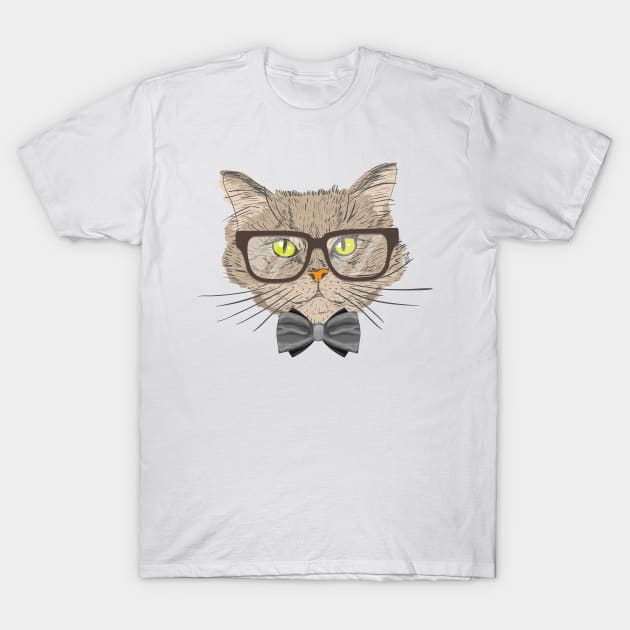 Funny Cat Wearing Bow Tie and Glasses - Cats Illustration T-Shirt by edwardechoblue
